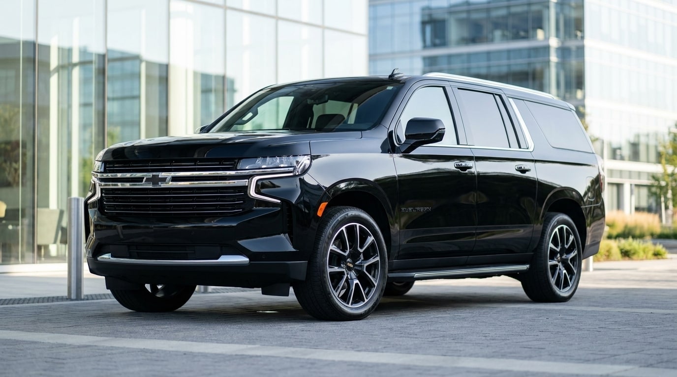 Black Chevrolet Suburban on the forecourt of a glass office tower