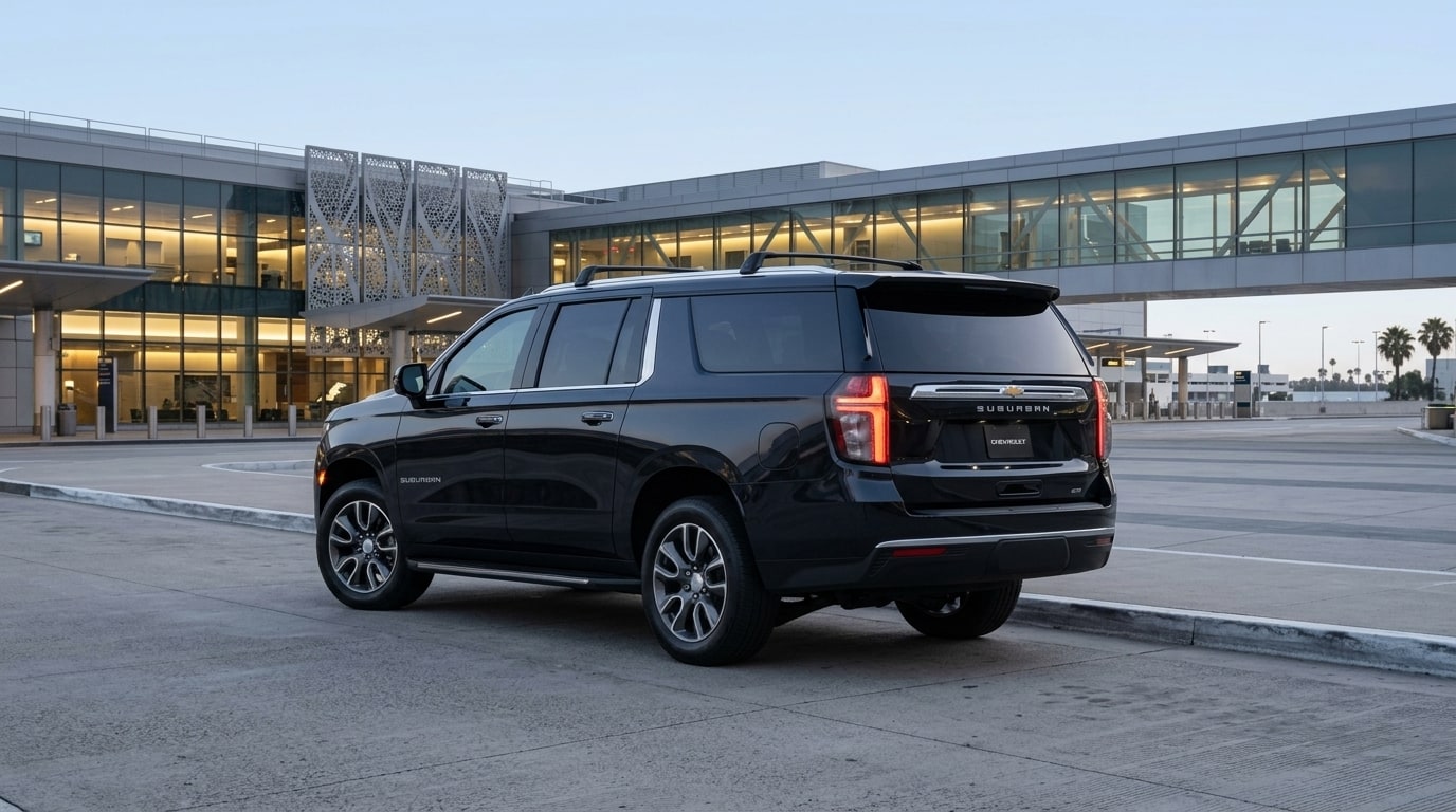 Black Chevrolet Suburban from the rear three-quarter at an airport terminal kerb