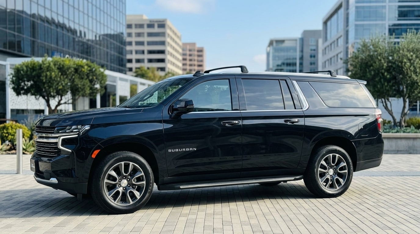 Black Chevrolet Suburban in profile, showing the full length