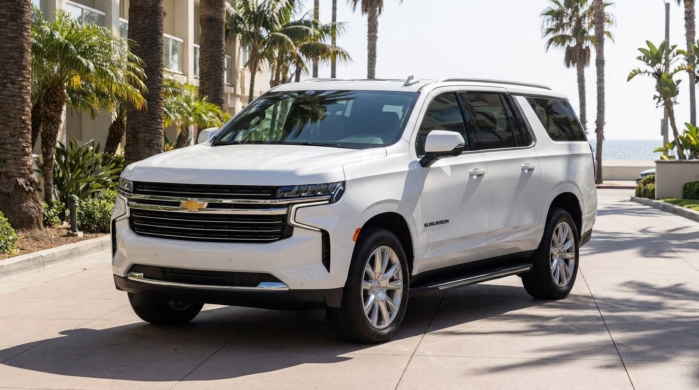 White Chevrolet Suburban on the drive of a Santa Monica beachfront hotel, front three-quarter view