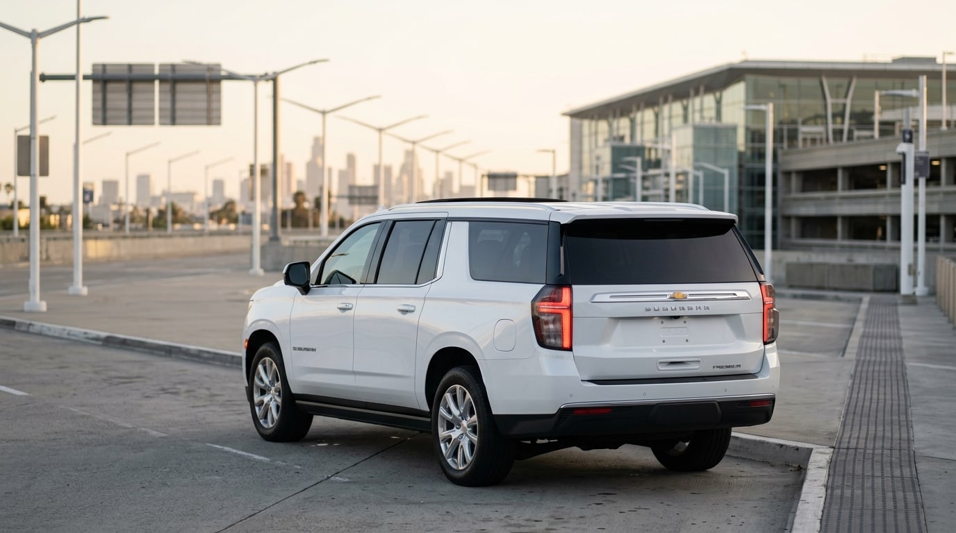 White Chevrolet Suburban from the rear three-quarter at an airport departures kerb