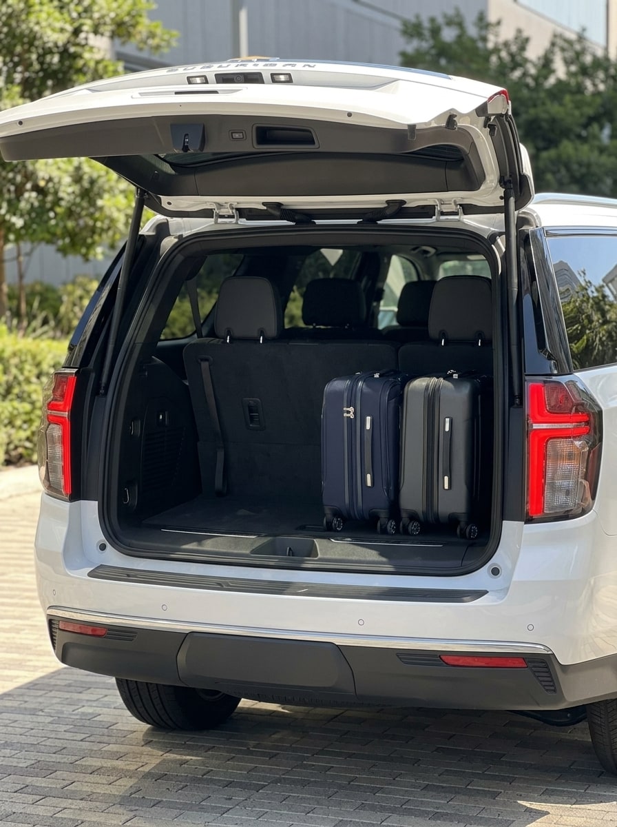 Open liftgate of the white Chevrolet Suburban with luggage behind the third row