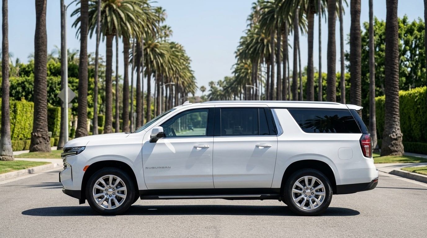 White Chevrolet Suburban in profile on a palm-lined Beverly Hills street