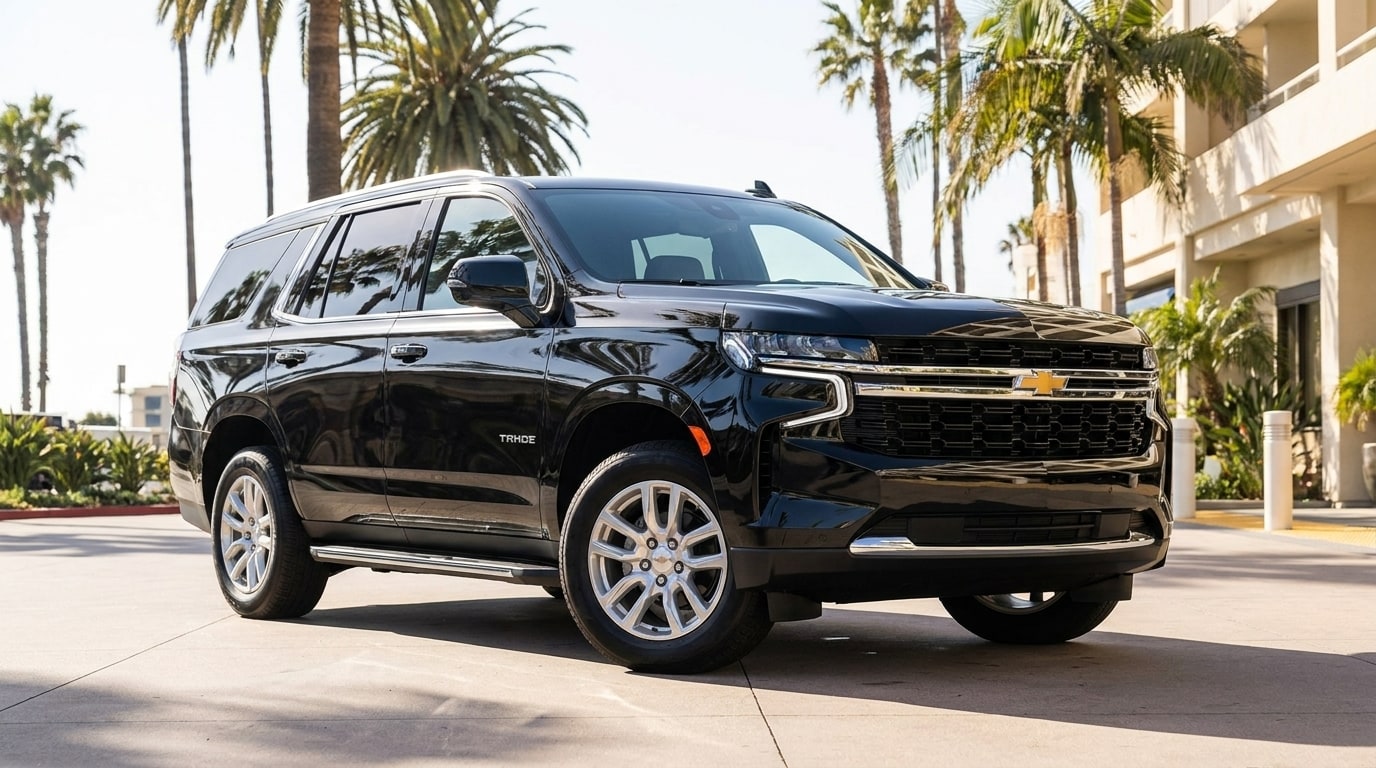 Black Chevrolet Tahoe on the drive of a Santa Monica beachfront hotel, front three-quarter view