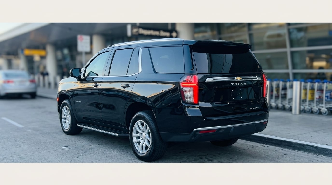 Black Chevrolet Tahoe from the rear three-quarter at an airport departures kerb