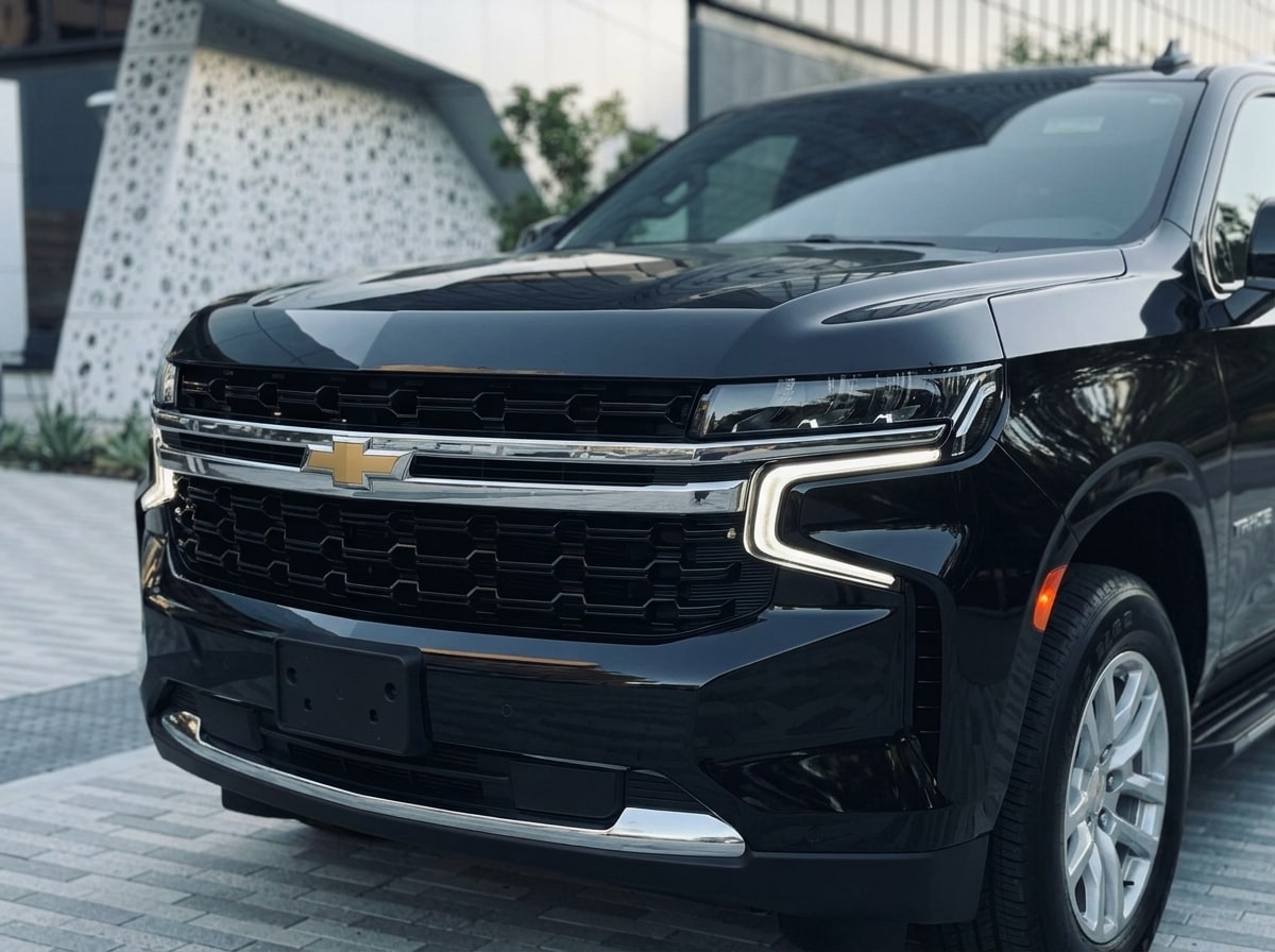 Chrome grille bar and bowtie badge of the black Chevrolet Tahoe