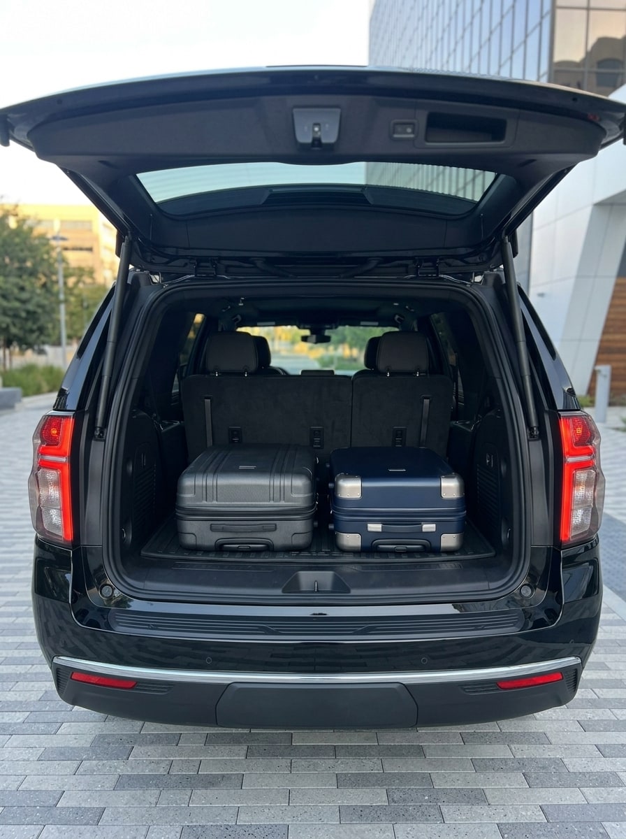 Open liftgate of the black Chevrolet Tahoe with luggage behind the third row