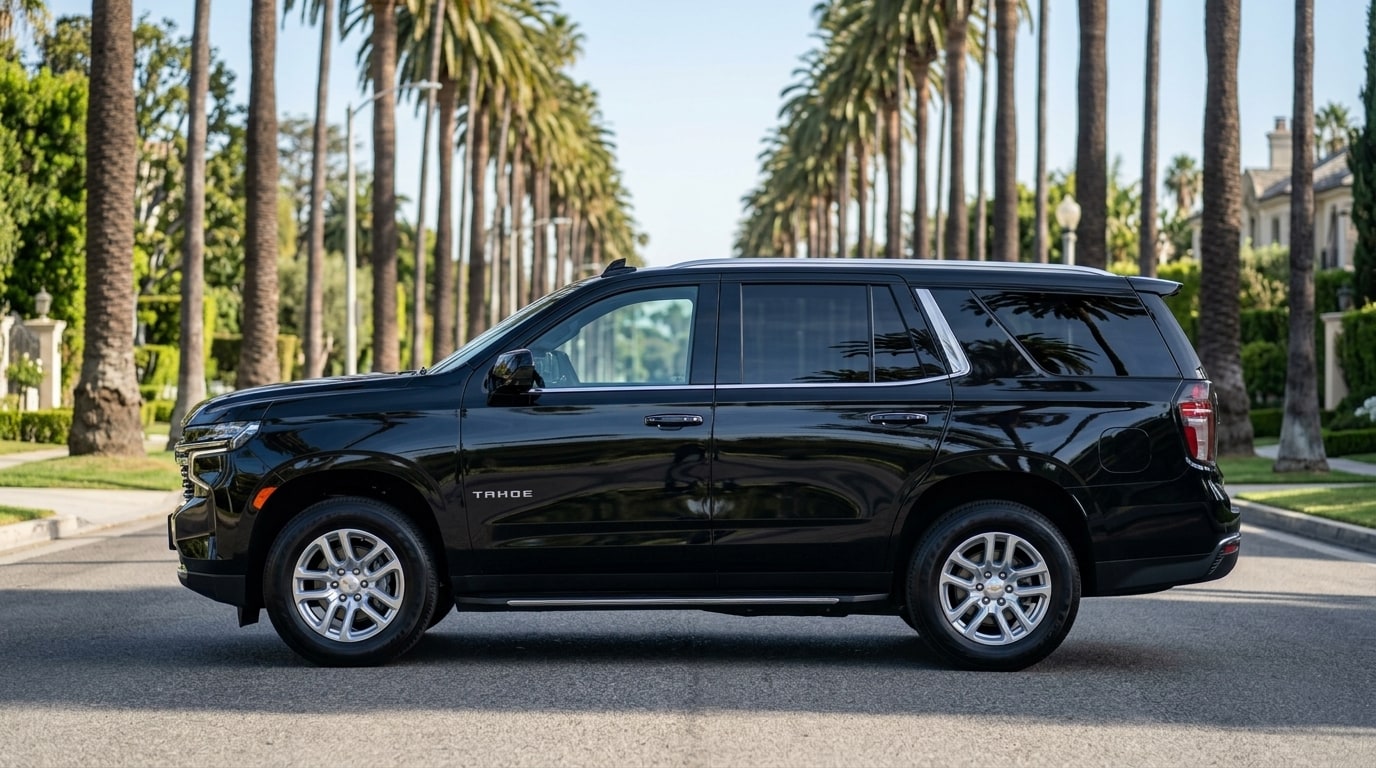 Black Chevrolet Tahoe in profile on a palm-lined Beverly Hills street