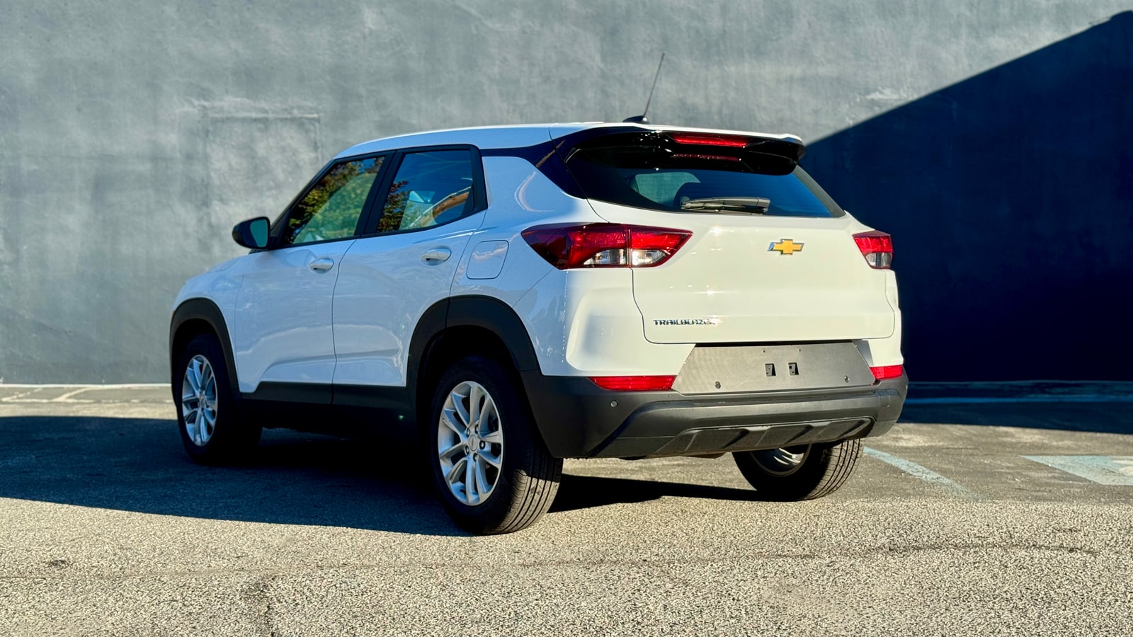 White Chevrolet Trailblazer from the rear three-quarter