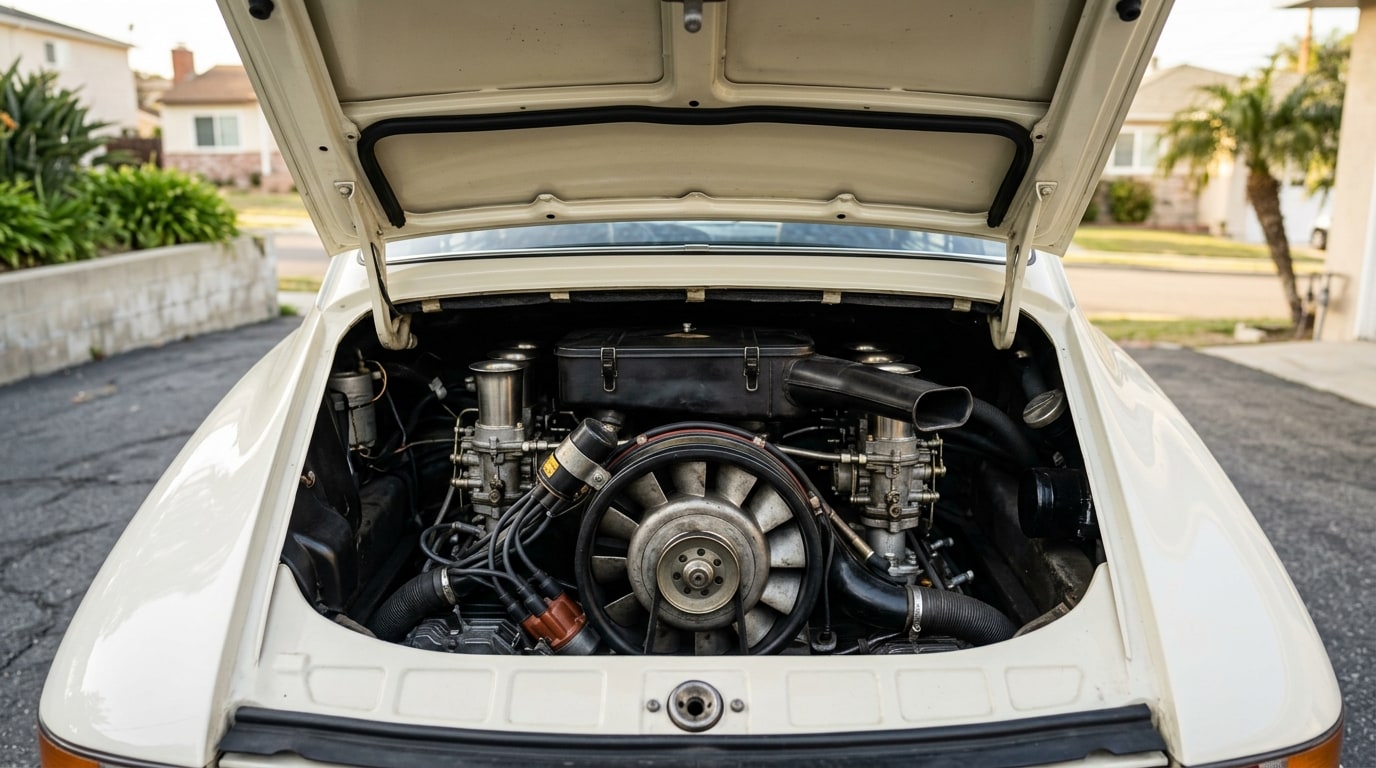 Engine bay of a classic air-cooled Porsche 911 with the deck lid open, showing the upright cooling fan shroud and the flat cylinder banks behind the rear axle