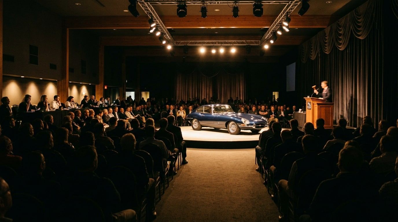 Interior of a classic car auction saleroom with a car on a lit turntable and bidders seated in silhouette