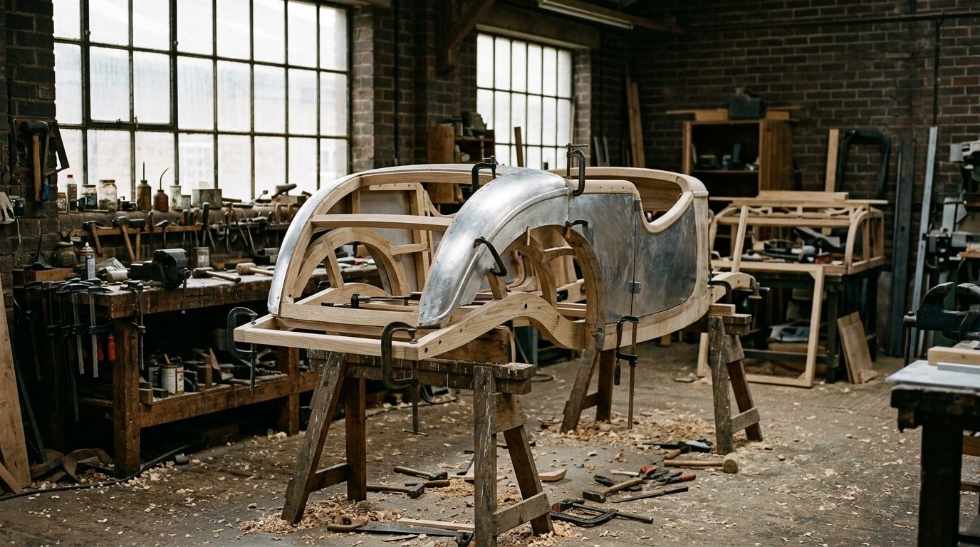 Wooden car body frame on trestles with hand-formed panels in a 1930s coachbuilding workshop