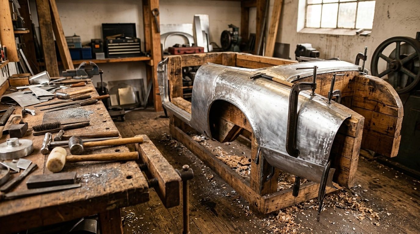 Aluminium car body panel clamped on a wooden buck in a craftsman's workshop
