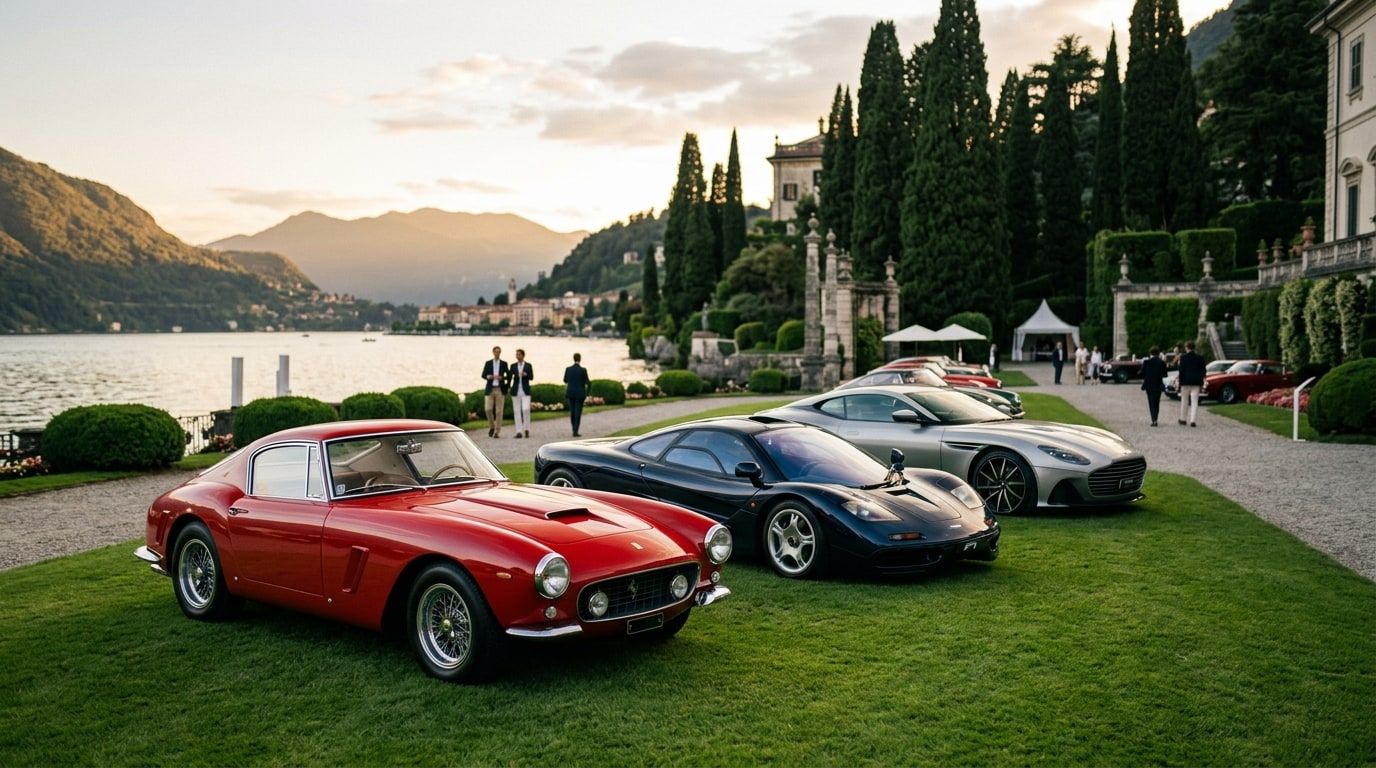 Classic and modern sports cars on a manicured lakeside lawn at a concours d'elegance in golden light