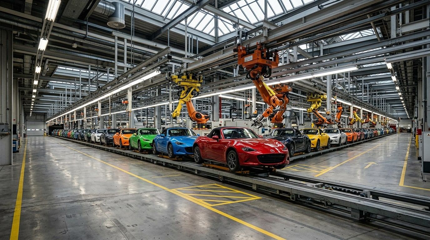 Long row of identical sports car bodies on a modern factory assembly line, seen down the length of the line