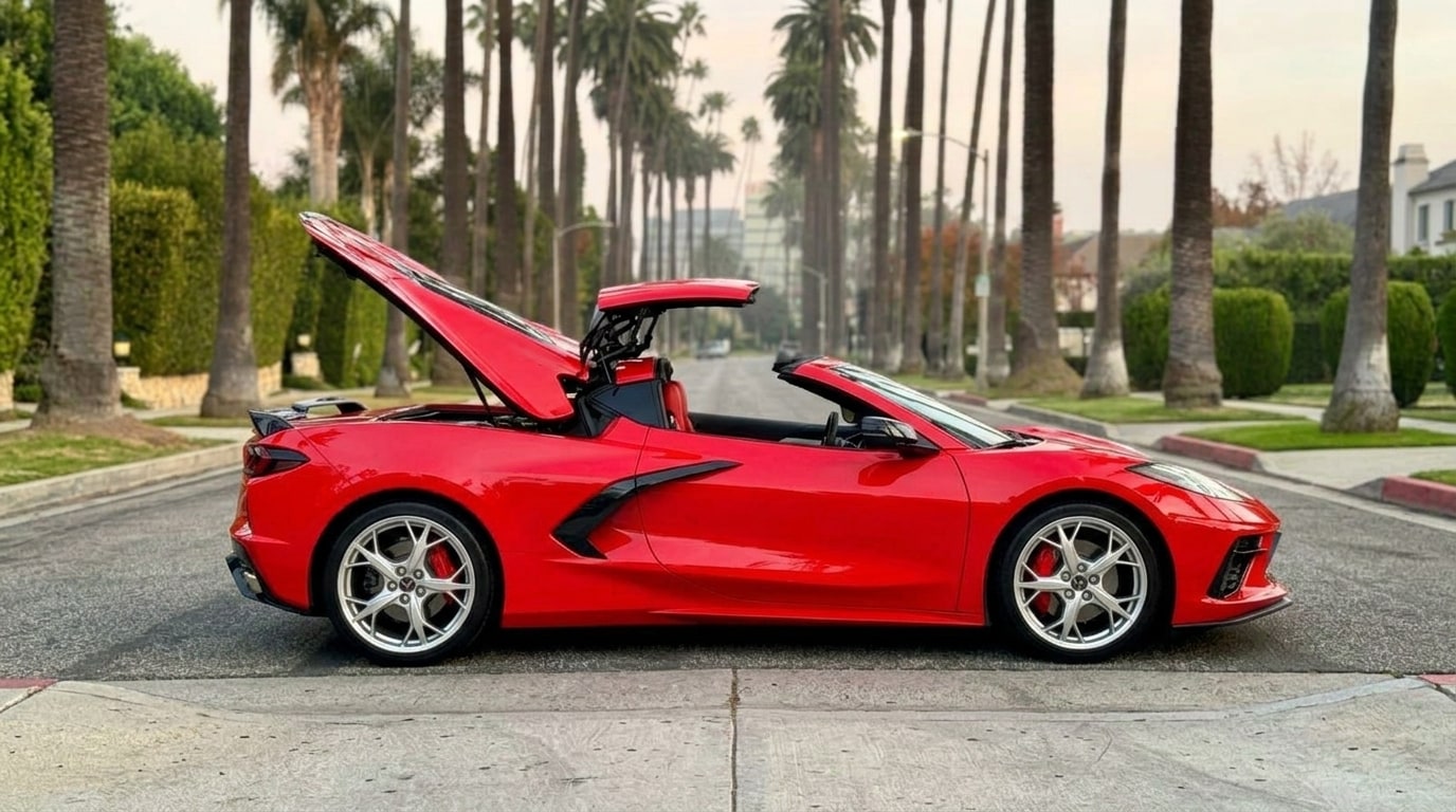 Red Corvette C8 convertible in profile with its retractable hardtop caught halfway through folding into the rear deck