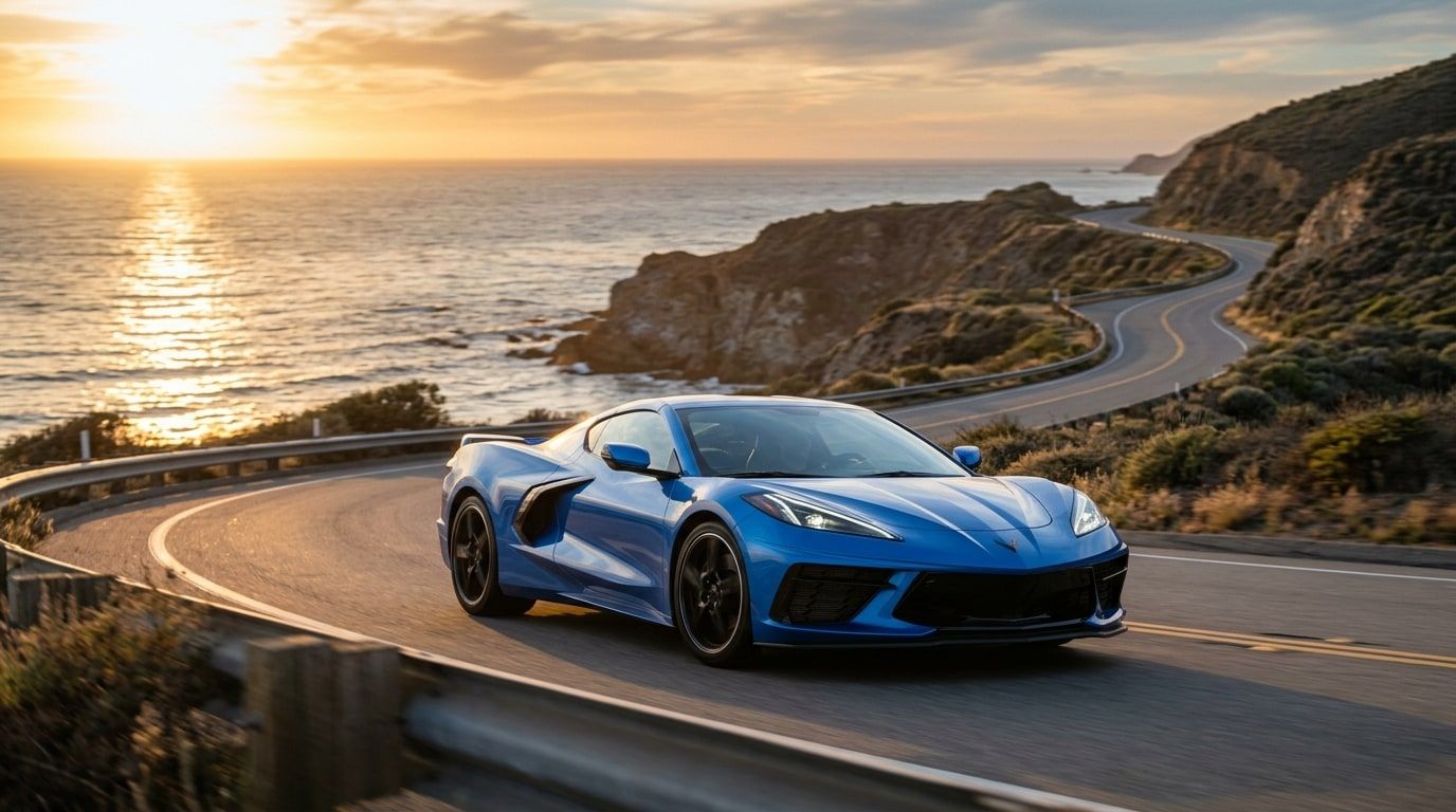 Blue Chevrolet Corvette C8 on a curve of the Pacific Coast Highway with the ocean below