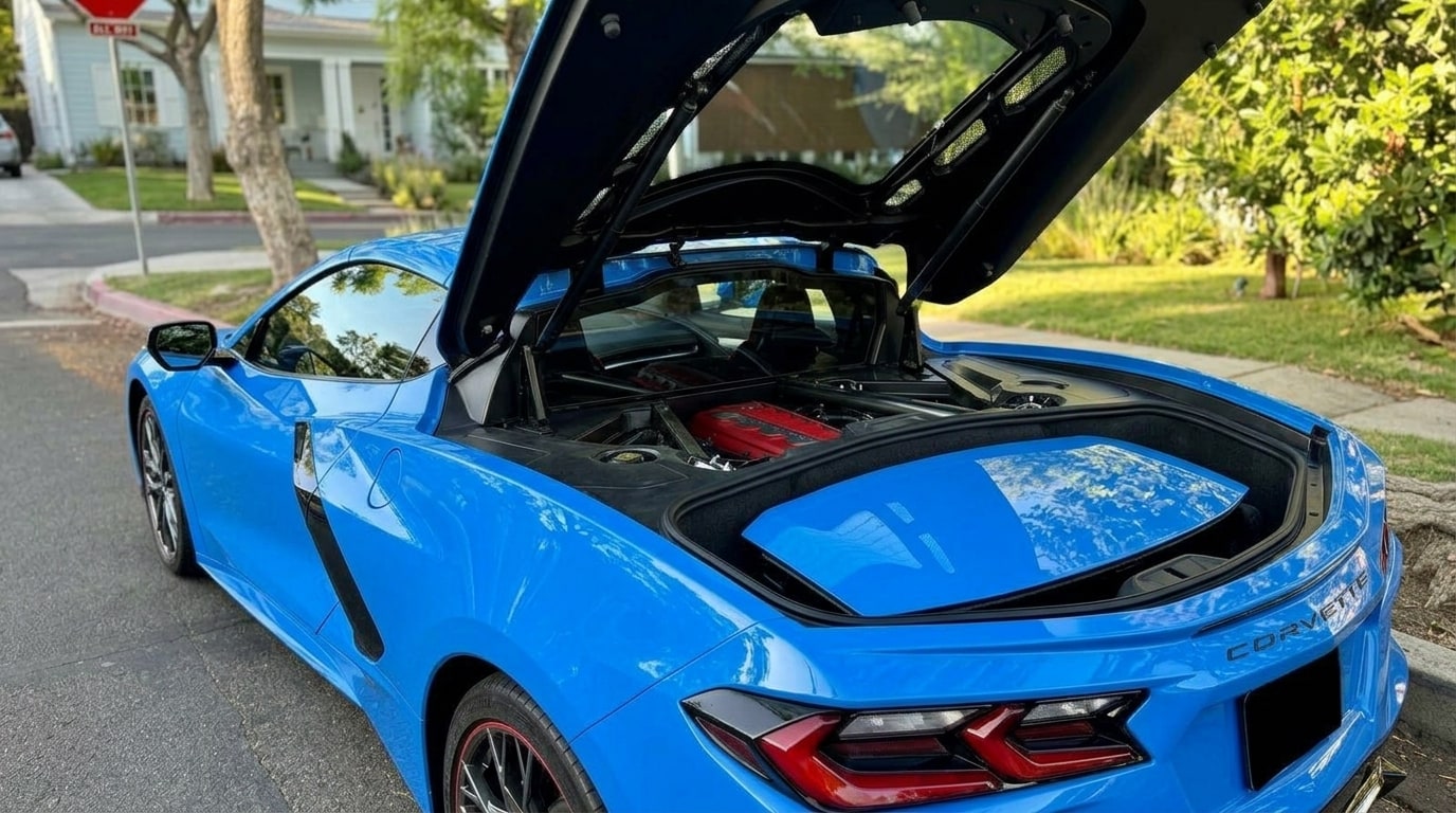 Removable targa roof panel of a blue Corvette C8 coupe stowed in the rear trunk under the raised glass hatch