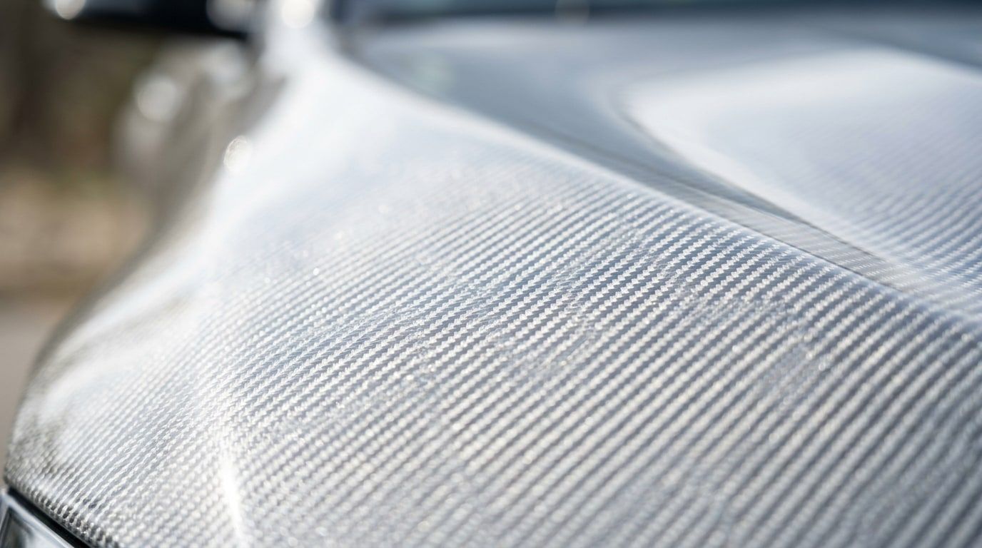 Extreme close-up of silver-white diamond-weave carbon fibre catching the light