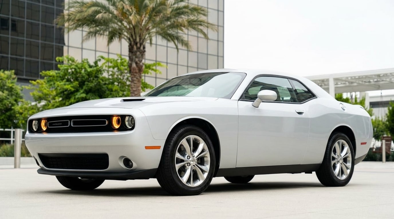 White Dodge Challenger on a concrete plaza in Los Angeles, front three-quarter view