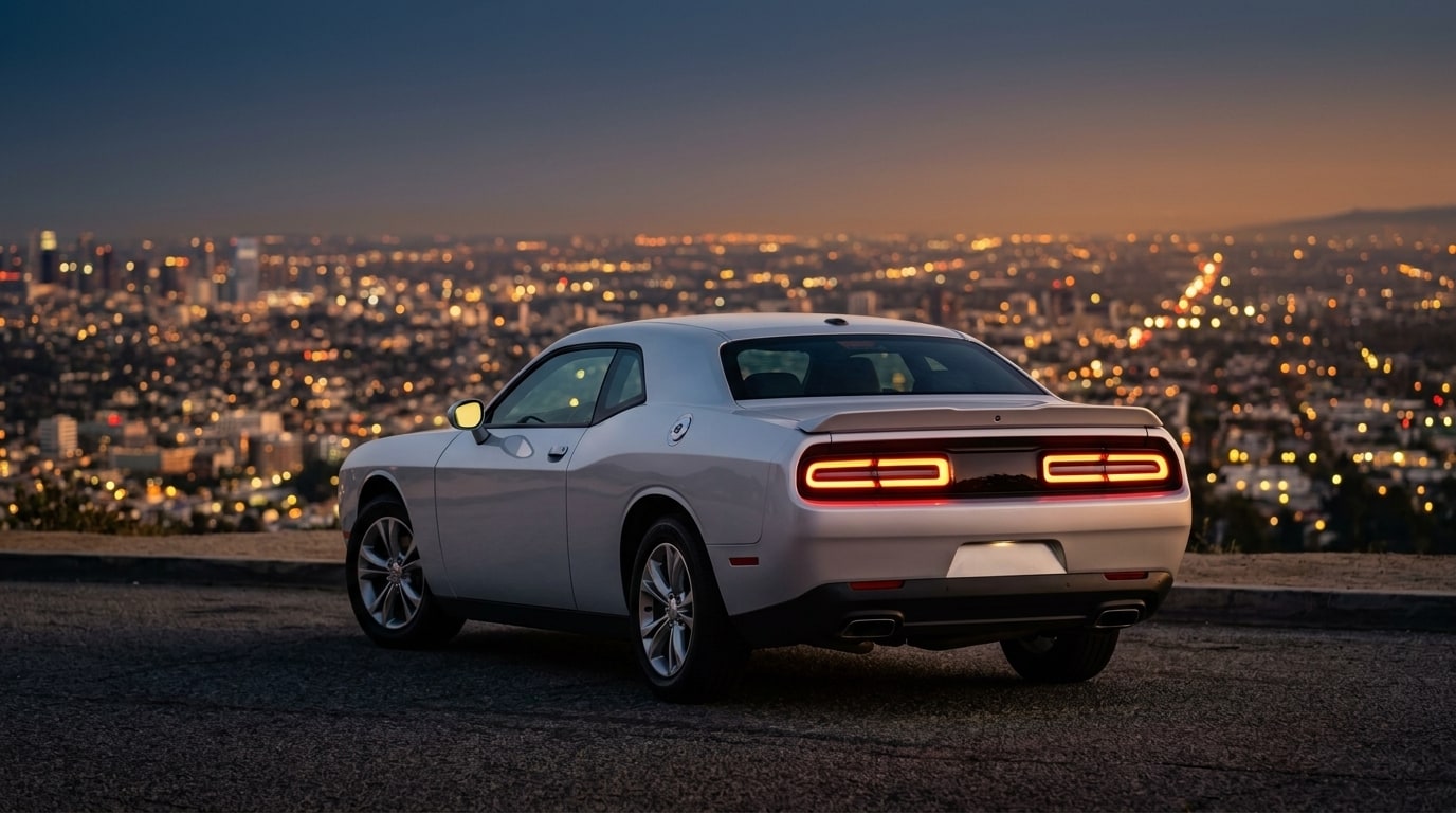 White Dodge Challenger from the rear three-quarter on Mulholland Drive at dusk