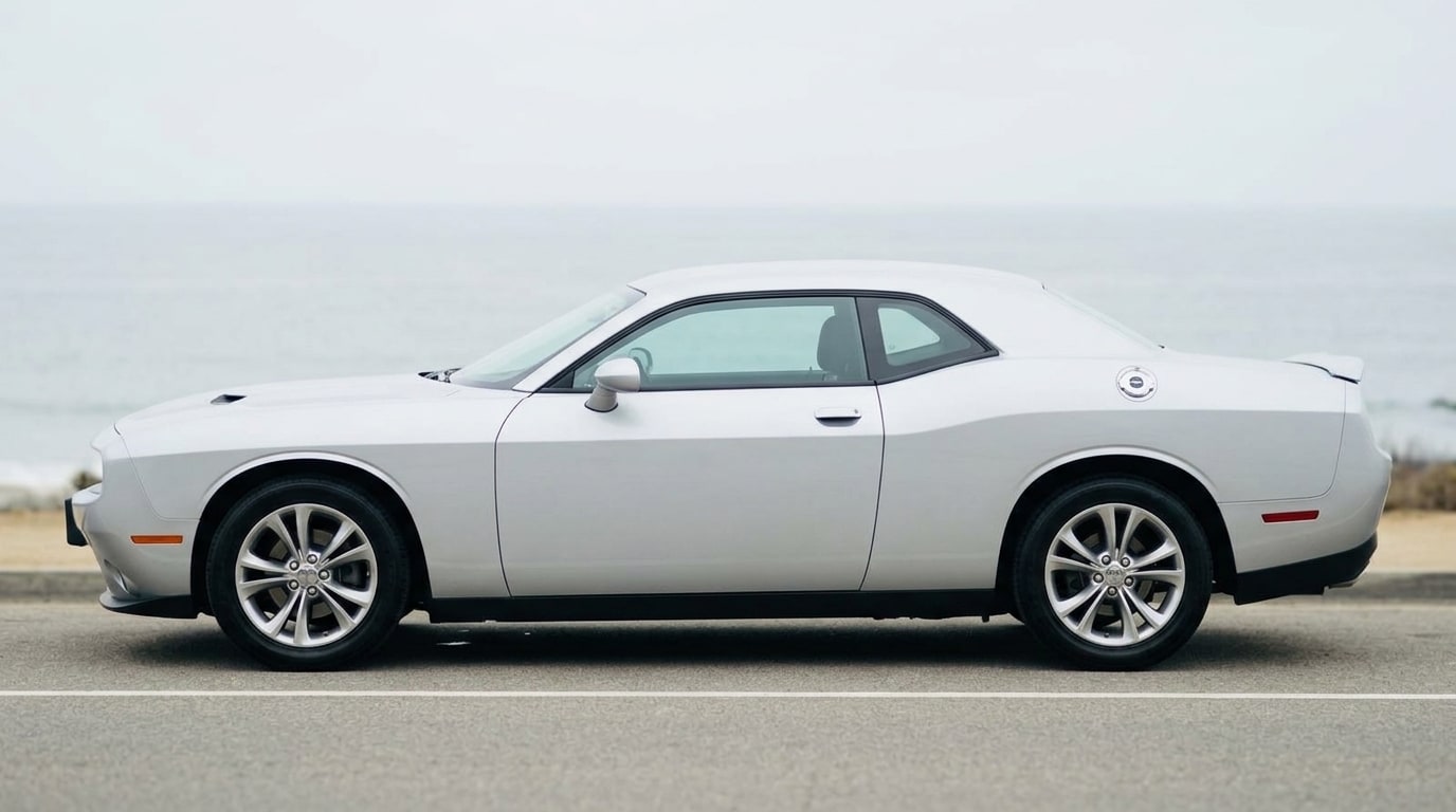 White Dodge Challenger in profile on Pacific Coast Highway