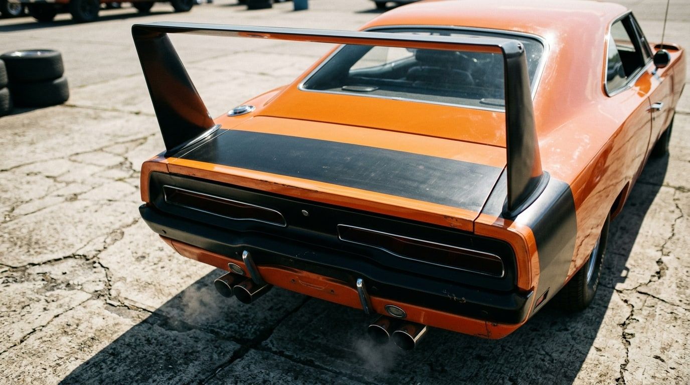 Close view of the tall rear wing and uprights on an orange 1969 American muscle car