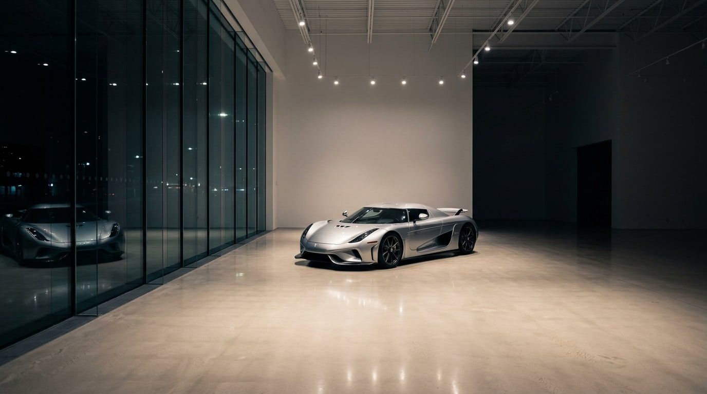 Single silver hypercar alone in a large empty white showroom at night