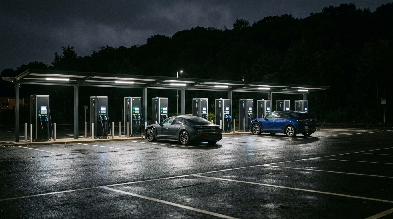 Row of electric vehicle fast chargers in an empty car park at night with two cars plugged in