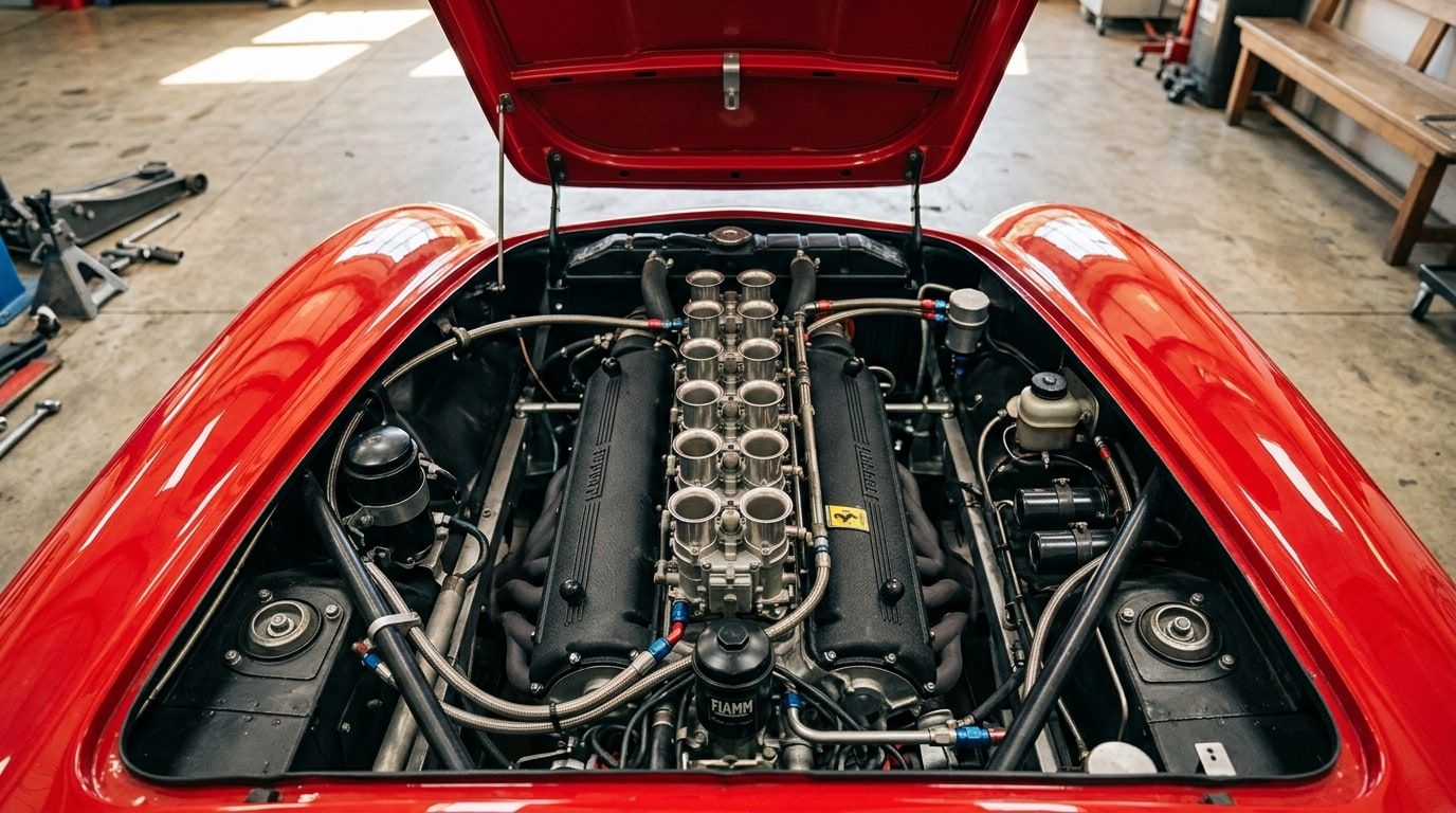 Three-litre Colombo V12 engine in the open bonnet of a Ferrari 250 GTO, seen from above with six Weber carburettors visible