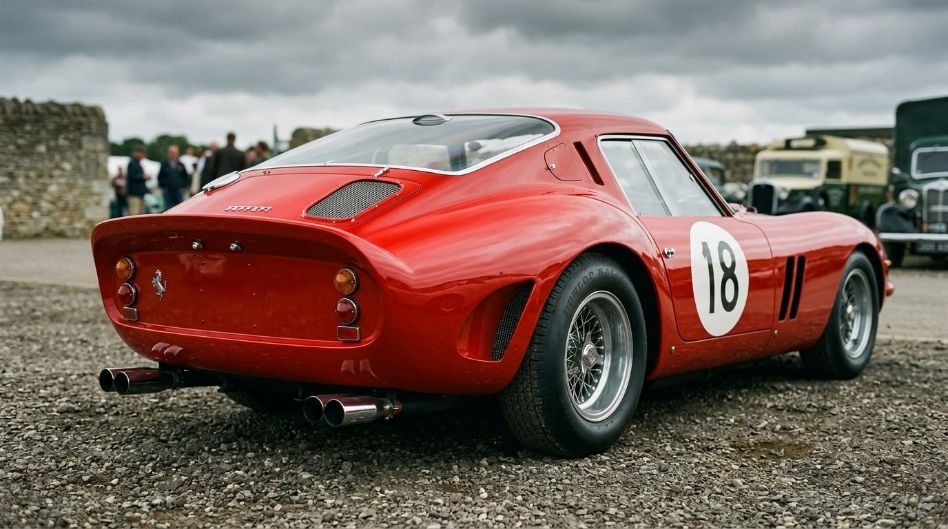 Rear three-quarter view of a red Ferrari 250 GTO showing the ducktail spoiler and round tail lamps
