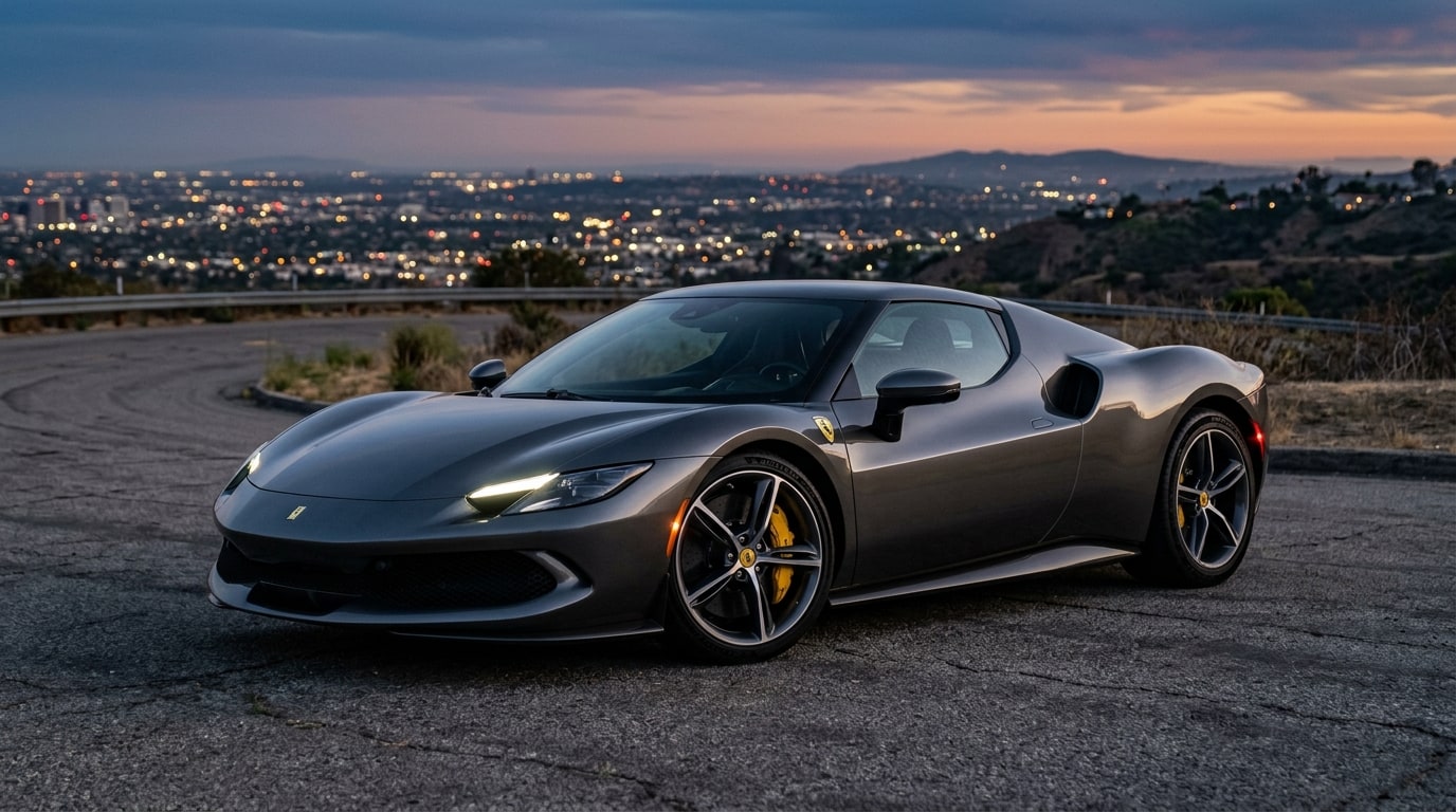 Dark grey Ferrari 296 GTB from the front three-quarter on a Los Angeles hillside road at dusk