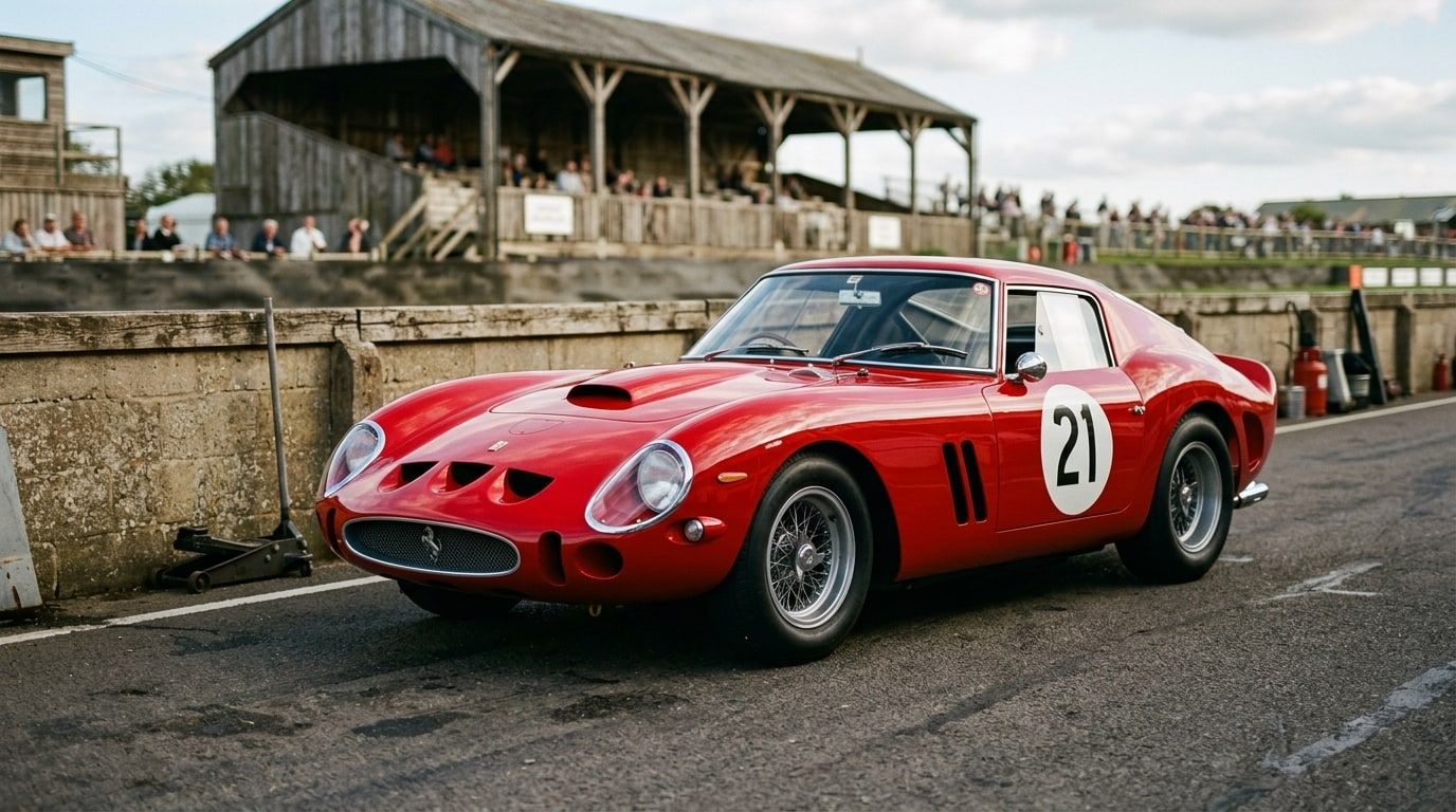 Red Ferrari 330 LM racing berlinetta in a pit lane, front three-quarter view