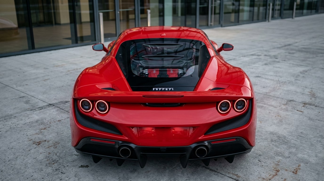 Rear of a red Ferrari F8 Tributo showing its four round tail lamps and louvred engine cover