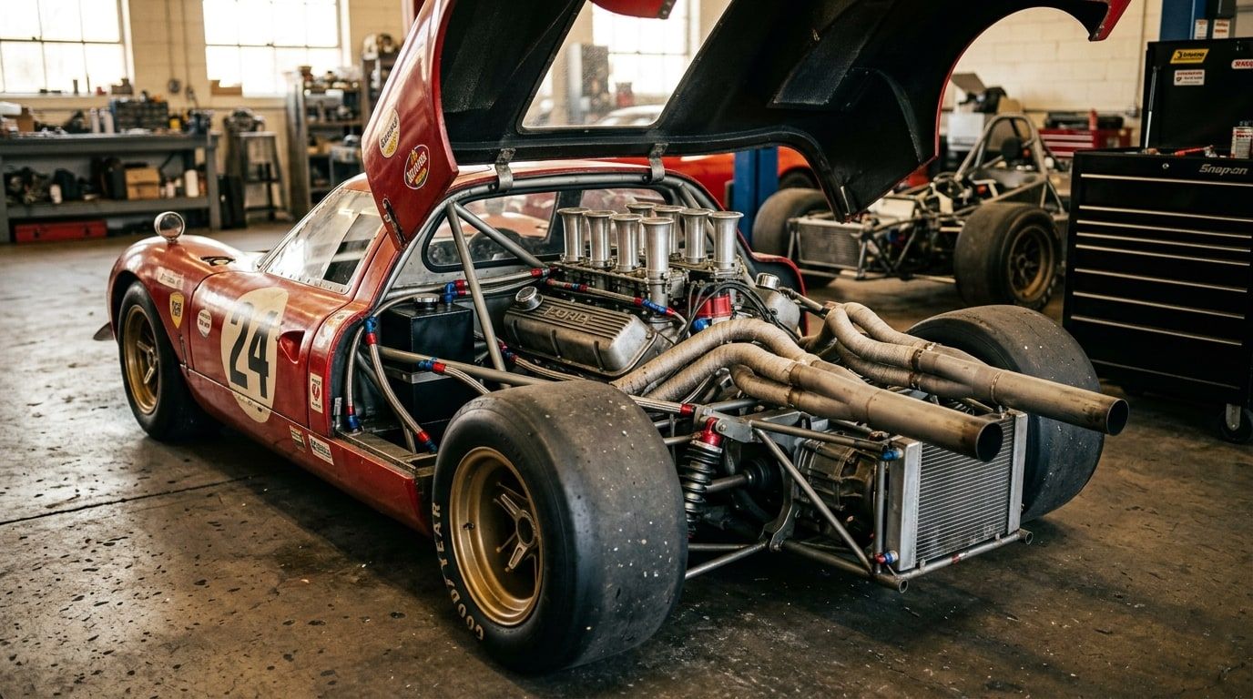 Large American pushrod V8 racing engine with velocity stacks in an open engine bay