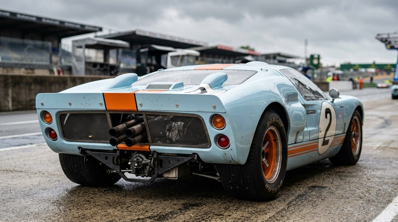 Rear three-quarter view of a Ford GT40 showing the quad exhausts and mesh engine deck