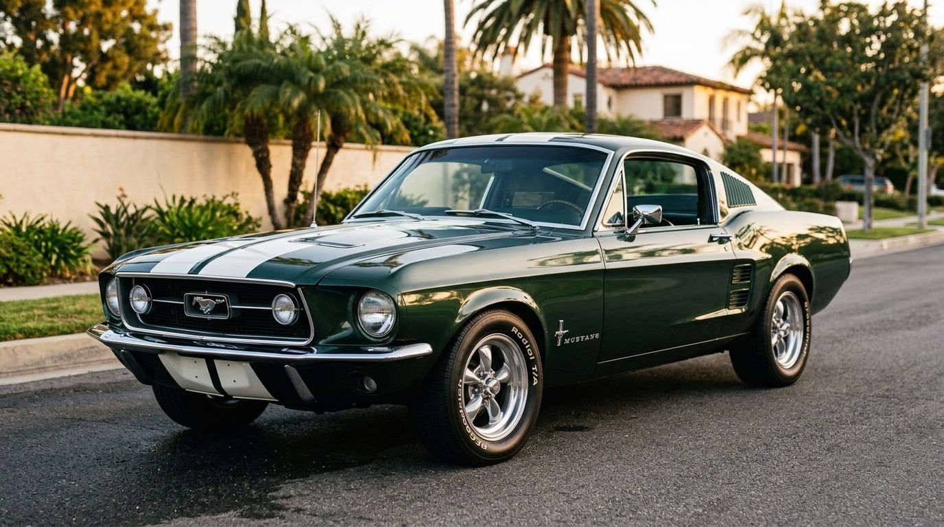 Dark green 1967 Ford Mustang fastback with white stripes on a suburban street at golden hour