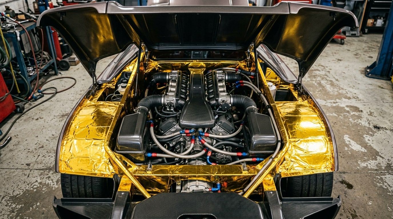 Supercar engine bay lined in gold foil heat shielding around a large V12