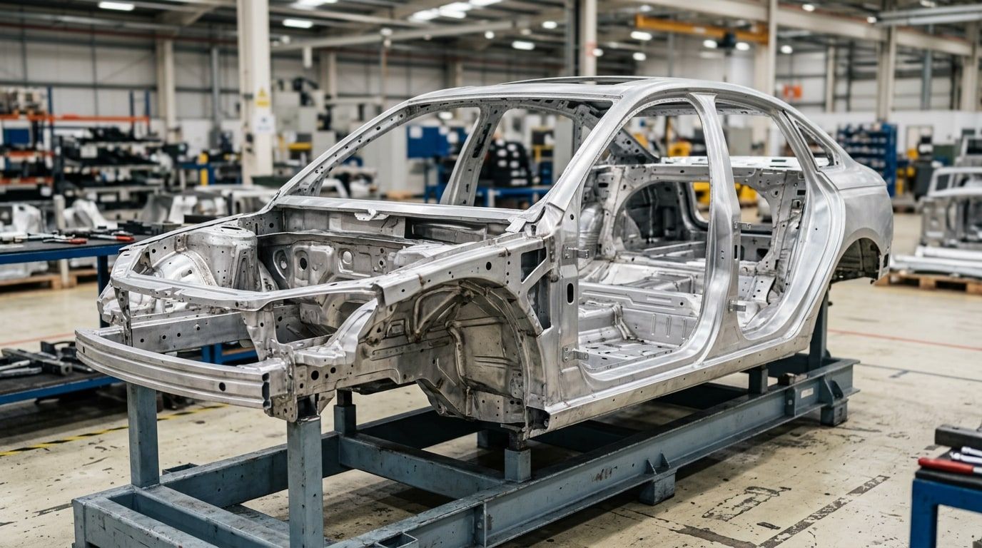 Bare aluminium car chassis and body shell on a factory jig showing welded extrusions