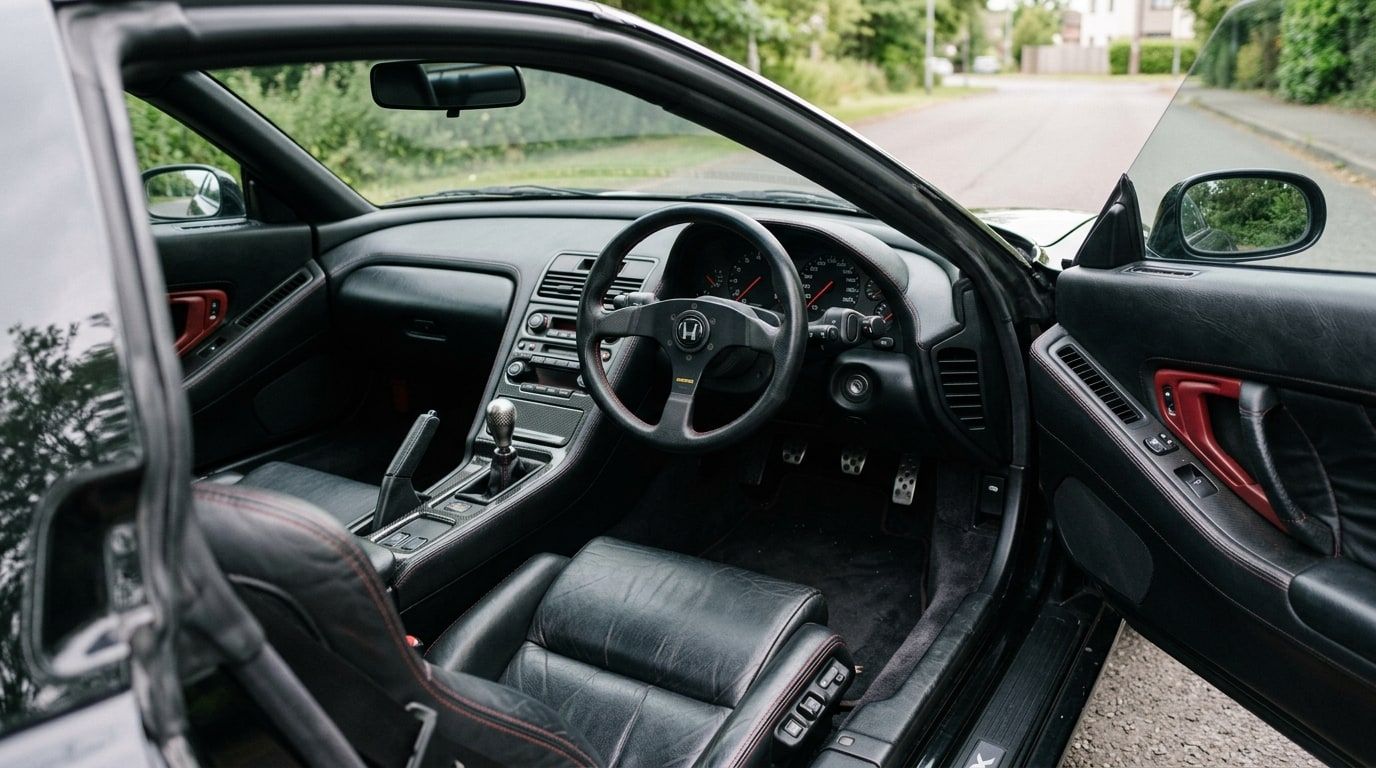 Interior of a 1990s Japanese sports car showing the low dashboard, slim pillars and small steering wheel