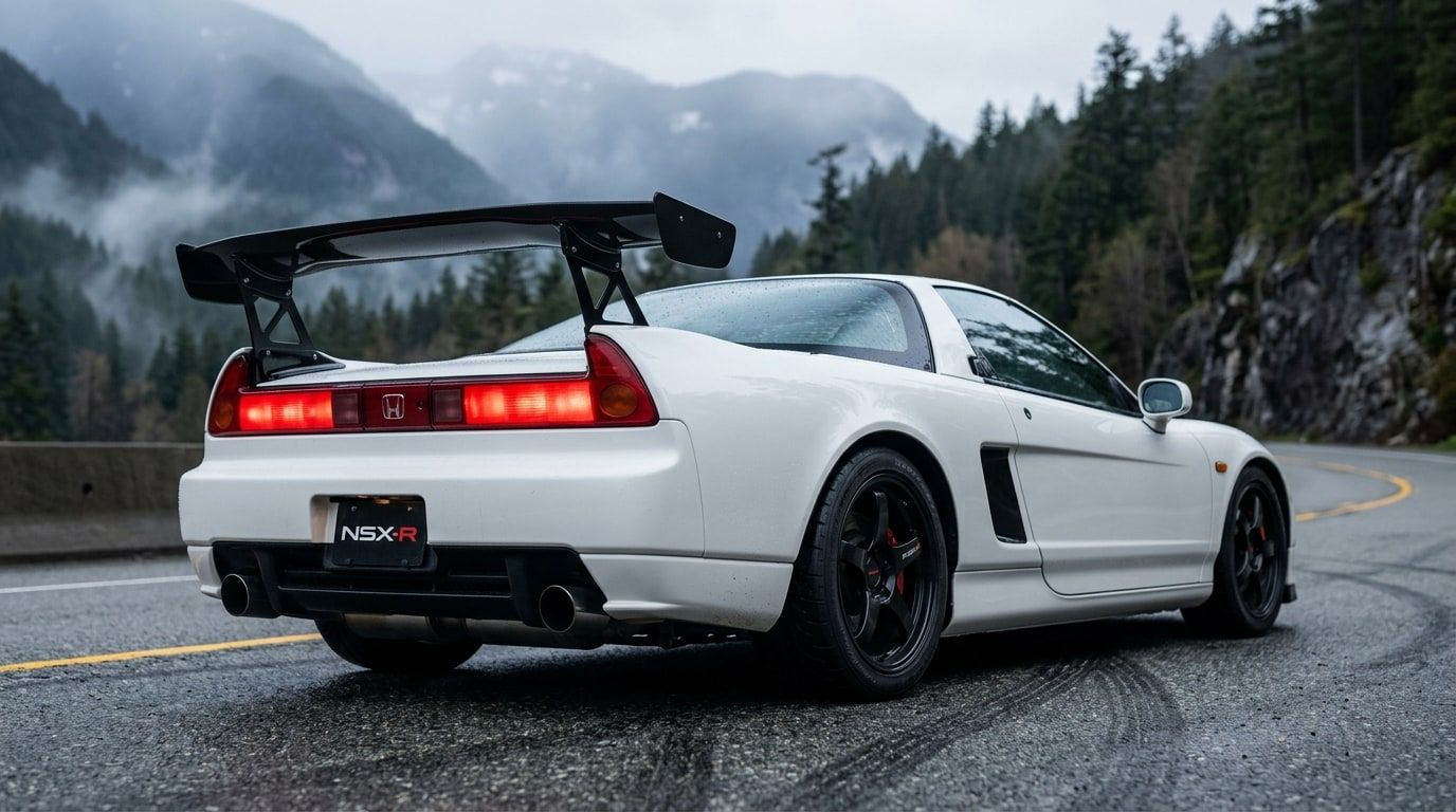Rear three-quarter view of a Honda NSX-R showing the black rear wing and full-width tail light bar