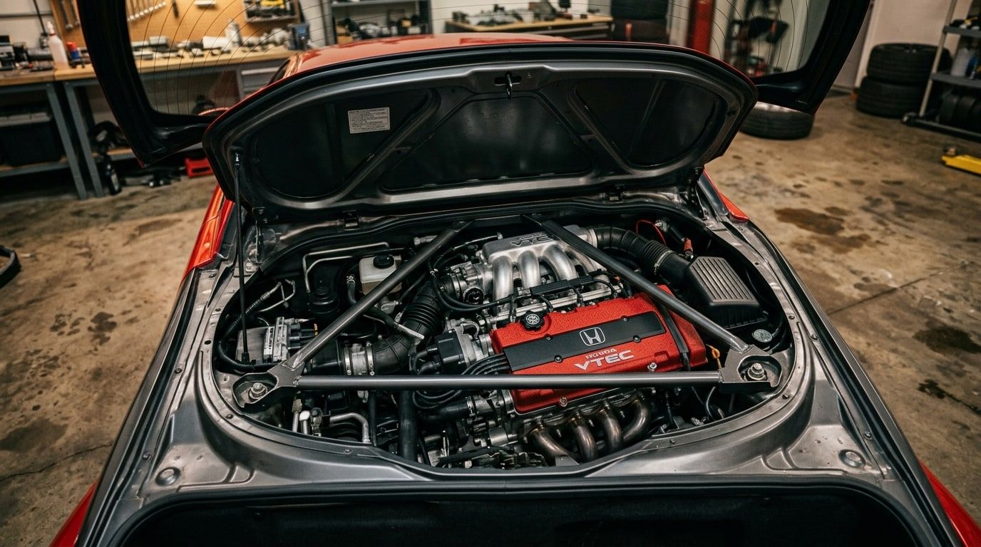 Naturally aspirated V6 engine with polished intake runners in the open bay of a mid-engined sports car