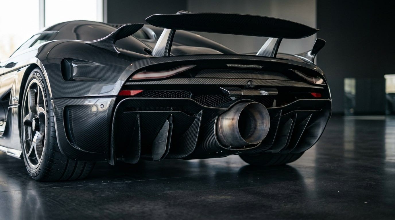 Carbon-fibre rear diffuser and central exhaust outlet of a modern hypercar, seen very low