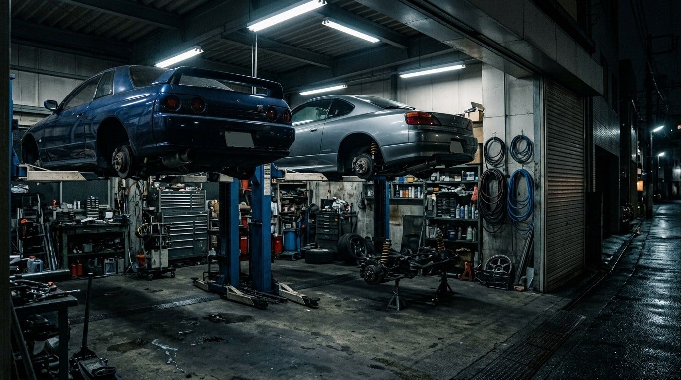 Small Japanese tuning workshop at night with two coupes on lifts