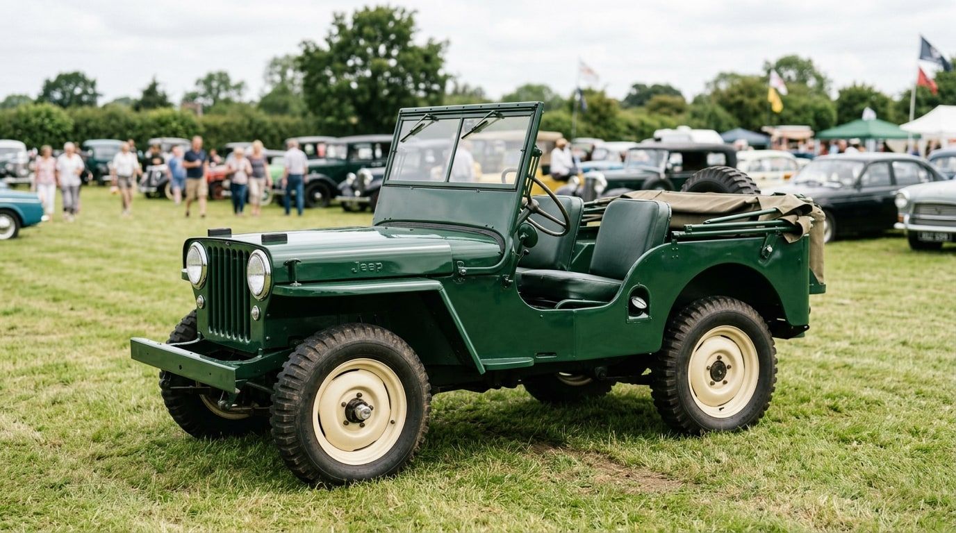 Restored 1950s civilian jeep in deep green on a mown grass field