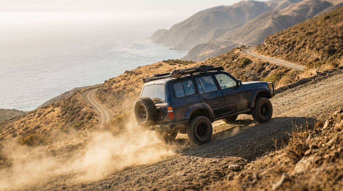 Blue off-road SUV climbing a dusty fire road through golden hills above the Pacific