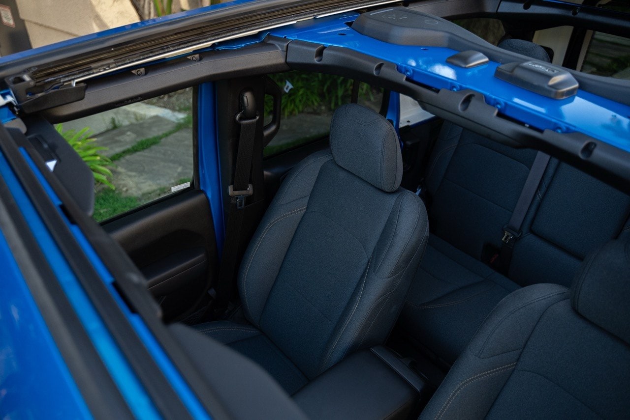 Front seats of the Jeep Wrangler with the roof panels removed