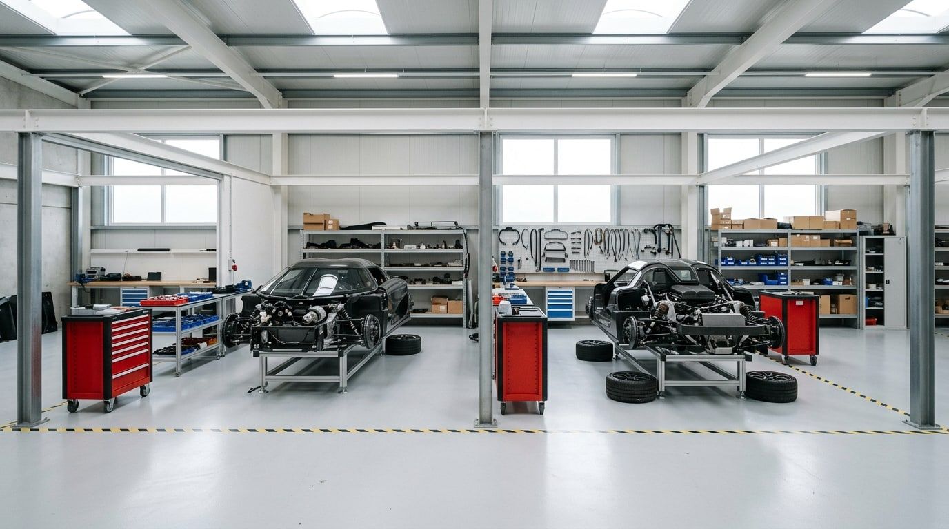 Small clean car factory with four assembly bays and two partly built hypercars on stands