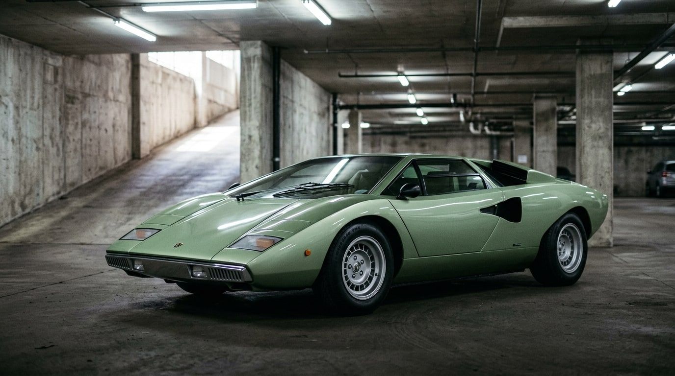 Pale green Lamborghini Countach LP400 in an underground car park, low front three-quarter view showing the wedge profile