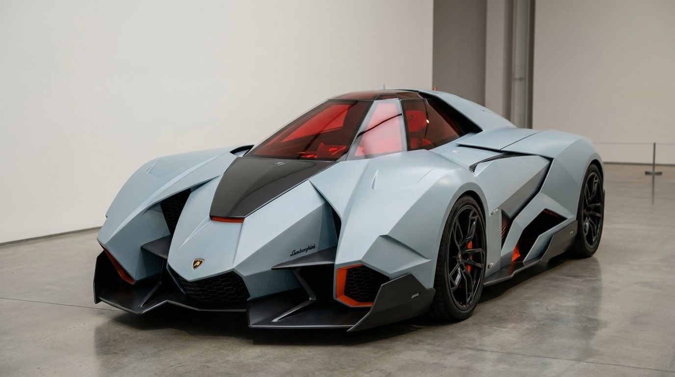 Lamborghini Egoista single-seat concept car in matte pale grey with a red-tinted fighter-jet canopy, front three-quarter view